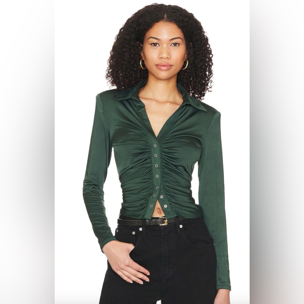 ASTR the label green rowella button ruched long sleeve top small shoulder pads